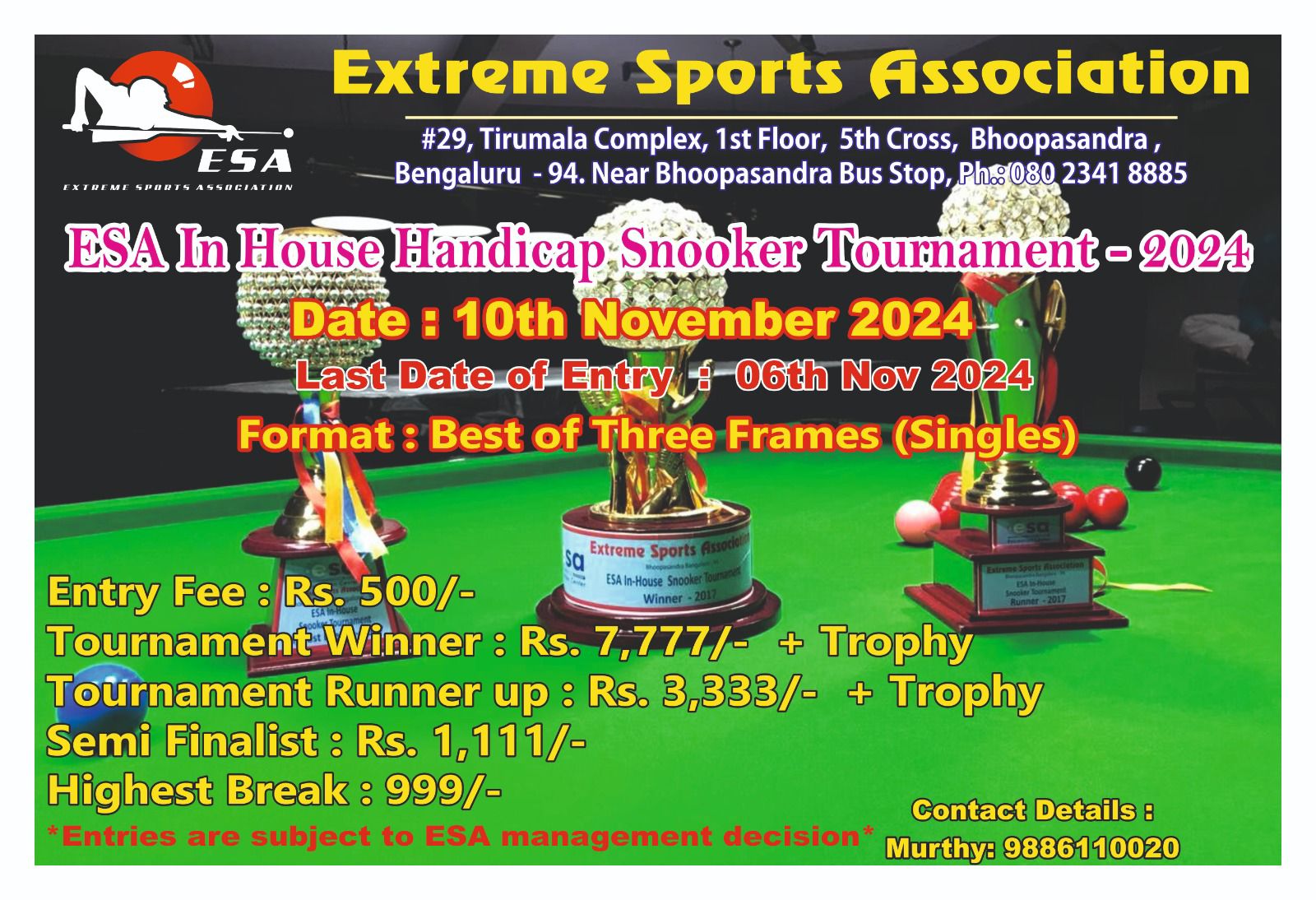 Extreme Sports Association- ESA Inhouse handicap Snooker Tournament 2024 – Quarter & Semifinalists