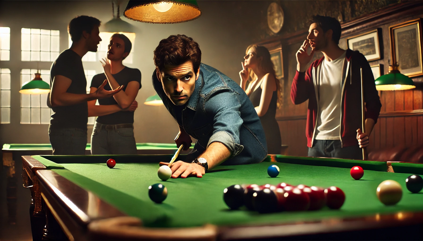 A frustrated man playing snooker in a dimly lit parlour, distracted by two casually dressed players in the background who are chatting loudly and giving unsolicited directions.